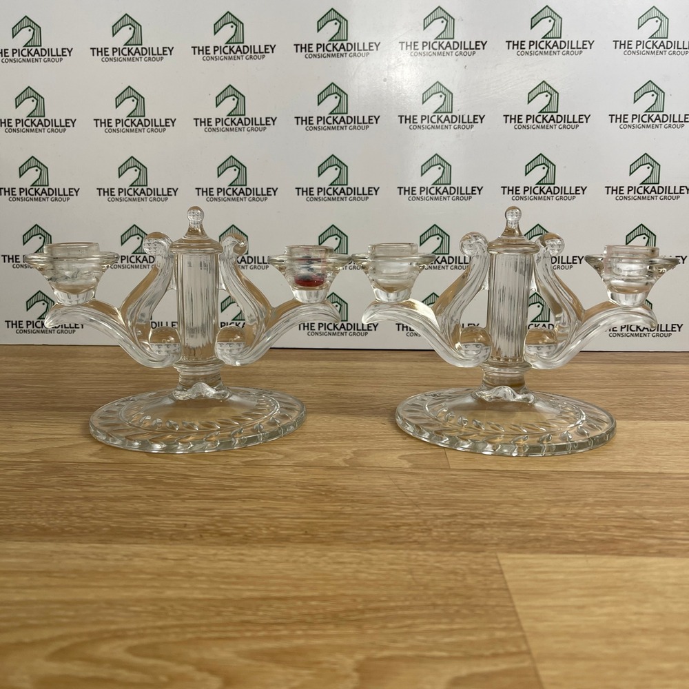 Vintage Indiana Clear Glass Laurel Double Light Candlestick Holders Set 6"
